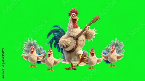Colorful animated rooster playing a banjo surrounded by playful chickens in a vibrant green background perfect for children's themes and creative projects