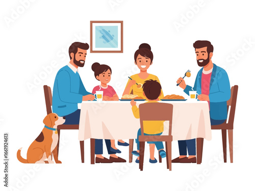 Family Mealtime: A lively family gathers around a table, enjoying a shared meal together, and a playful dog completes the heartwarming scene.