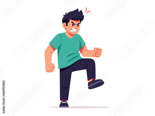 Rage Unleashed: This illustration captures a man in the throes of anger. With furrowed brows, clenched fist, and a raised foot.