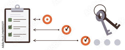 Checklist with marked tasks, arrows pointing to targets, and keys symbolizing success and security. Ideal for organization, progress, planning, productivity, goals strategy and achievement. Simple
