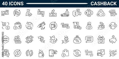 Set of 40 outline icons related to cashback. Linear icon collection. Editable stroke. Vector illustration. Pictograms and infographics for mobile apps. 