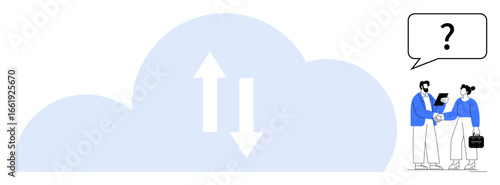 Large cloud with up and down arrows representing data exchange and two professionals engaging in discussion. Ideal for technology, teamwork, cloud computing, remote work, innovation, problem-solving