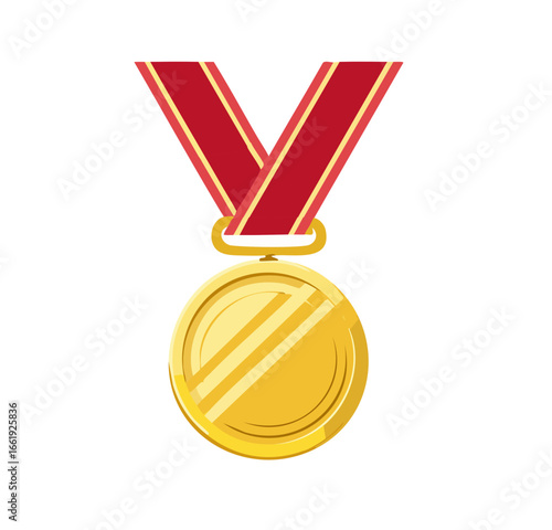 A golden medal with a red ribbon, symbolizing achievement and reward, isolated on white.