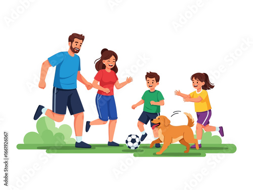 Family Bonding through Soccer Fun: A vibrant illustration showcases a loving family engaging in a spirited soccer game with their playful dog, emphasizing the joys of togetherness.