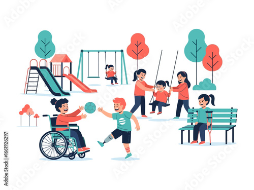 Inclusive Playground: An illustration capturing children of all abilities playing together with joy and unity in the playground.  
