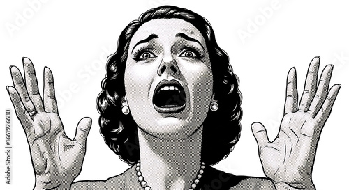 Vintage comic illustration of a panicked woman screaming in shock, hands raised in desperation. Ideal for dramatic storytelling, horror themes, Halloween, urgent news, retro advertising,