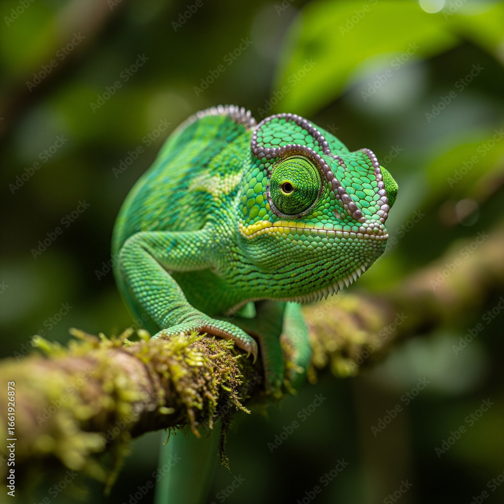 Fototapeta premium chameleon clinging to a branch with vibrant green skin blending into the rainforest background