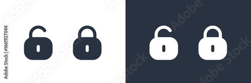 Lock and Unlock Icon Set, Minimalist White Padlock Symbols, Locked and Unlocked Security Illustration, Editable Vector Icon for Security Design.
