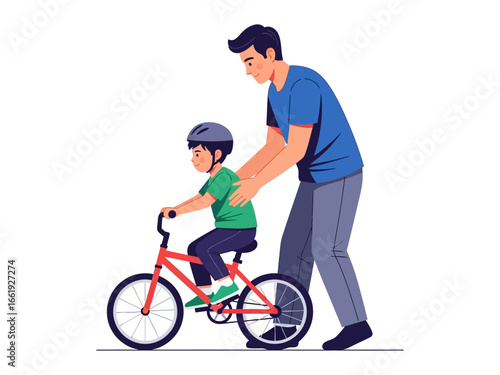 Father Teaching Son to Ride Bicycle: A heartwarming scene depicts a father assisting his son in learning to ride a bicycle, highlighting a tender moment of guidance and the joys of childhood.