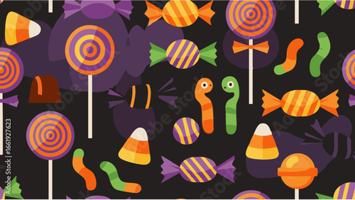 A festive halloween pattern featuring an array of candy, lollipops, and gummy worms scattered about