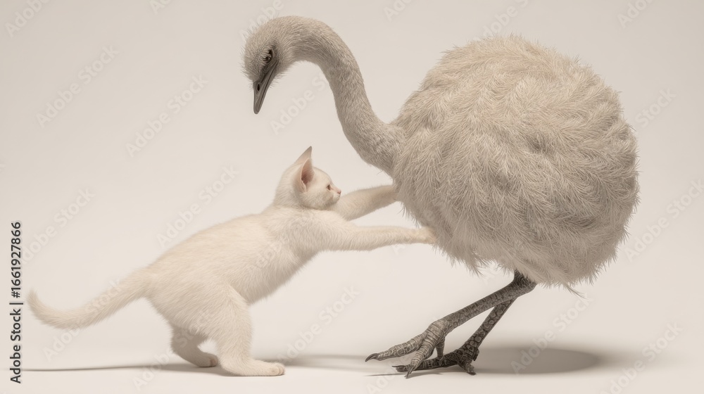Fototapeta premium Curious cat interacting with a fluffy flightless bird in a playful encounter