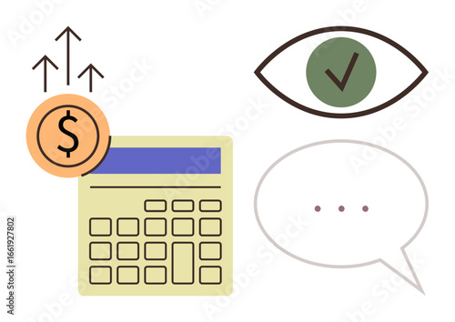 Calculator with arrow and coin representing financial growth, eye with checkmark symbolizing approval, and speech bubble for communication. Ideal for finance, business, analysis, teamwork, planning