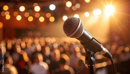 Microphone and Audience: A close-up shot of a microphone on a stand, with a blurred background of a captivated audience, illuminated by stage lights.