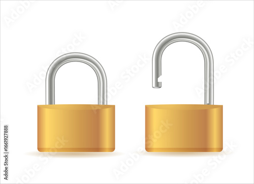 Gold padlocks set. Golden closed and open padlock isolated. Chrome locks template.Vector