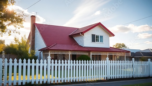Charming single-story suburban house with a red roof and white picket fence under sunny skies.