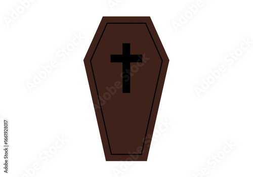 A brown coffin with a black cross symbol is centered against a white background