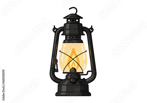 A black vintagestyle lantern with a glass casing showing a flame