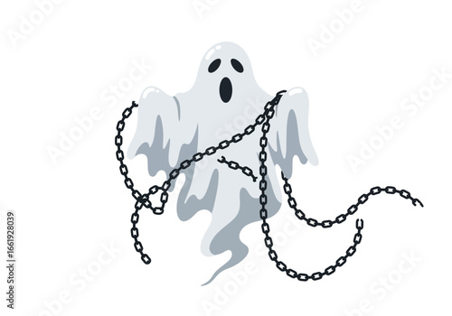 A cartoon ghost floats adorned with broken chains