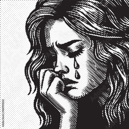 Halftone texture decor digital art template of a woman crying with a tear rolling down cheek black