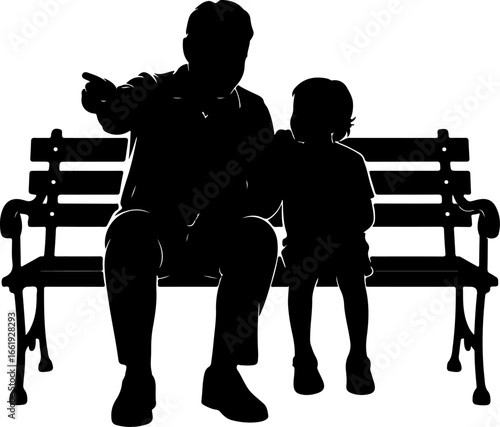 A warm silhouette of a grandparent and grandchild sitting side by side on a classic park bench