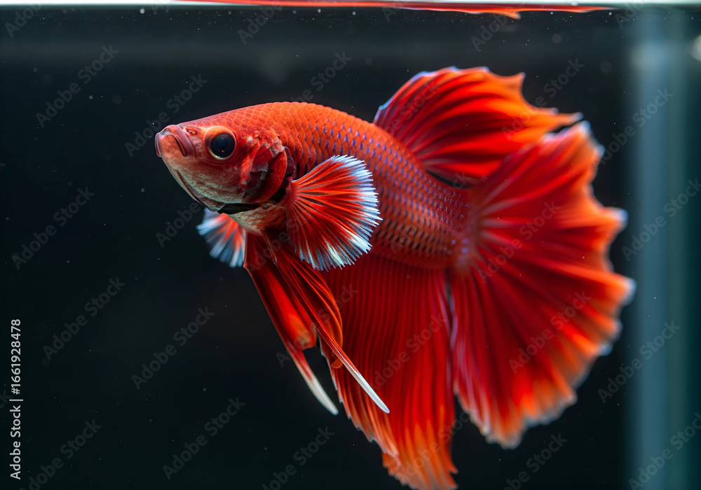 Obraz premium Red Siamese Fighting Fish on Black Background – Dynamic Betta Splendens Photography