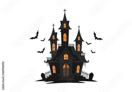 A spooky haunted house with bats flying around and tombstones in the yard