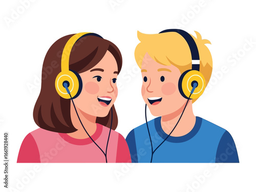 Harmonious Melody of Friendship: Two young individuals, bound by the shared experience of music, wear sleek headphones, immersed in the auditory bliss that intertwines their hearts and minds. 