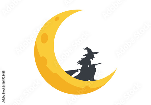 A witch silhouette rides a broomstick across a yellow crescent moon with craters