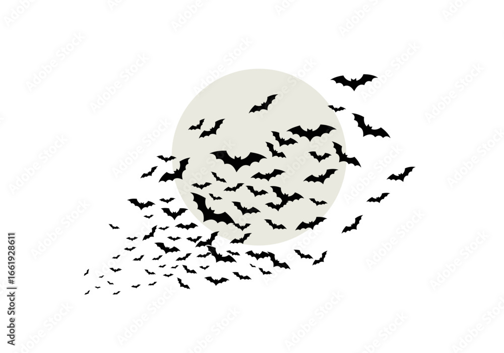 Obraz premium Bats flying against a full moon on a white background creating a spooky Halloween scene
