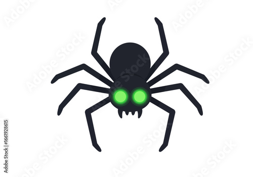 Animated black spider with glowing green eyes and eight legs