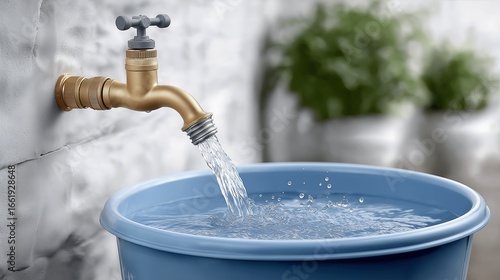 Water flows from faucet into a blue bucket in a well-lit space