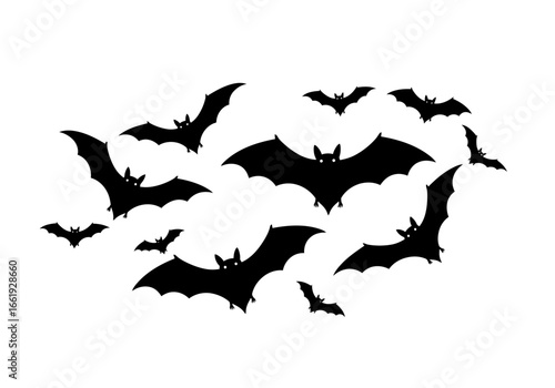 Black bats fly Wings spread silhouettes against a white background