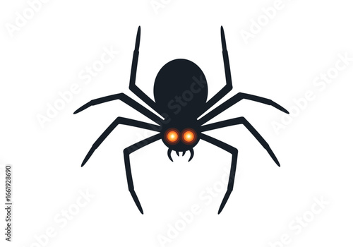 Black spider with 8 legs and orange eyes isolated on white