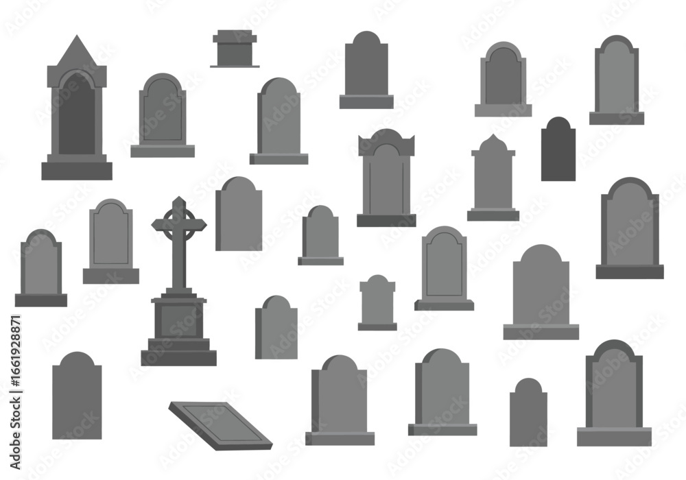 Fototapeta premium Graveyard scene showing various gray headstones including one cross