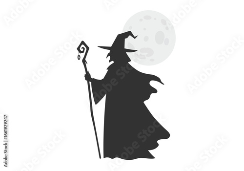 Silhouette of a wizard with a staff stands before a full moon evoking mystery and magic