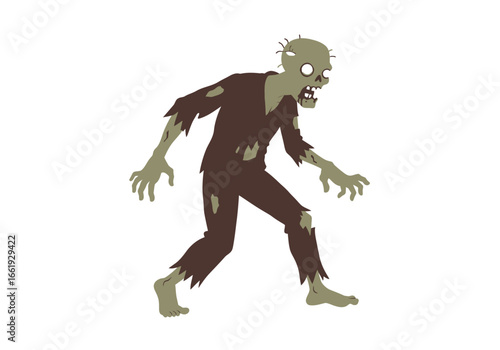 Zombie depiction rotting flesh tattered clothing and menacing posture