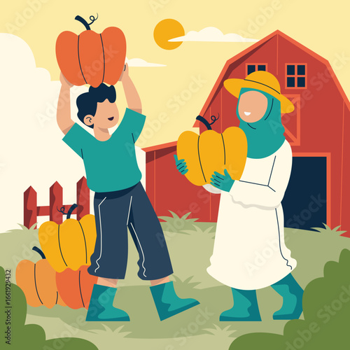 Harvest Helpers: Two individuals collaborate under the golden sun, gathering pumpkins and celebrating the season's bounty near a vibrant red barn and rustic fence, showcasing autumnal harvest.