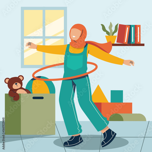 Joyful Hoop Play: A person with a hijab embraces the delight of a playful moment.  Hooping in the cozy confines of the home, surrounded by colorful playthings.