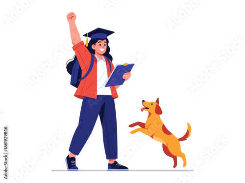 Graduation Cheer with Loyal Companion: A young, triumphant graduate, clad in academic attire, raises her hand with joy, celebrating her academic accomplishment alongside her playful.