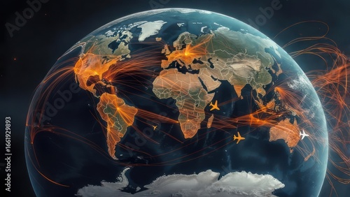 Global Air Traffic Network: Earth with Flight Routes and Airplanes