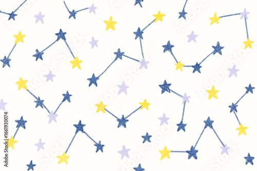 Seamless crayon hand-drawn constellation pattern on white background