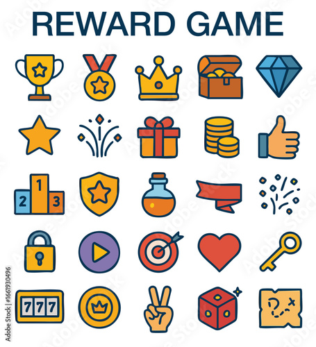 Reward and Game Elements Icons – Badges, Achievements, Treasure & Gaming UI Vector Set