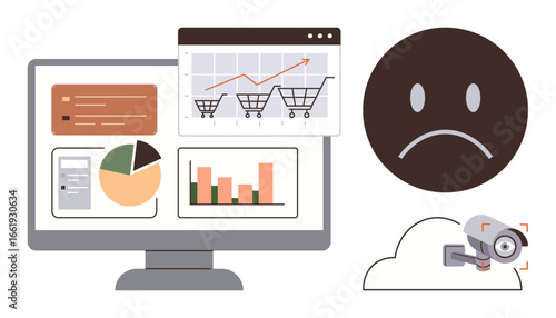 Computer screen with e-commerce analytics, graphs, and pie charts alongside a frowning face and cloud security camera. Ideal for business insights, data analysis, cybersecurity, bad performance