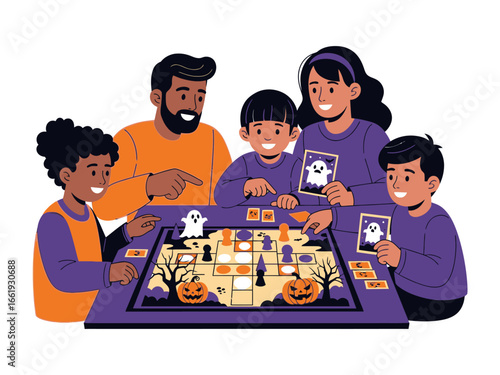 Halloween Family Game Night: A vibrant illustration captures a family deeply engrossed in a spooky board game during a Halloween night.
