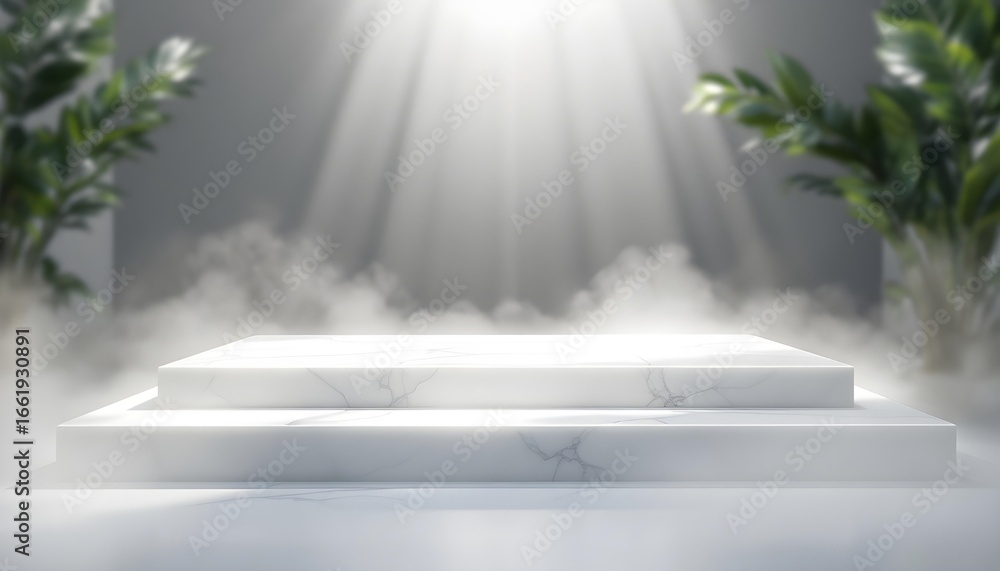 Obraz premium White marble podium with light rays and fog