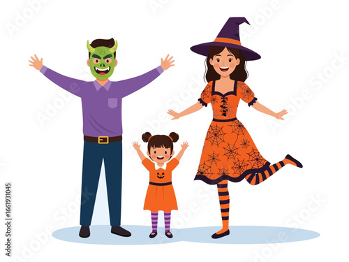 Halloween Family in Costume: A playful family in costumes gets ready to embrace the spooky season, their colorful attire hinting at the fun and fantasy of Halloween.