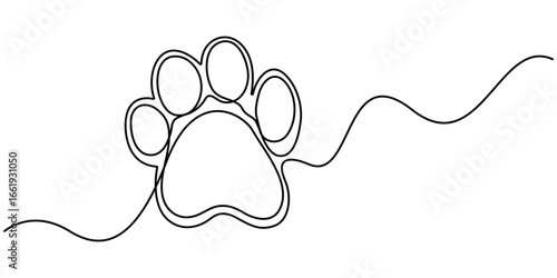 Continuous one line drawing of a animal paw pad, Dog paw one line art, One line drawing of a dog paw print in minimalist vector outline style, isolated on white background. vector illustration