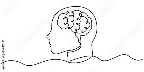 Continuous one line drawing of human brain. Hand drawn minimalism style. Human brain single line art. Human brain continuous one line drawing of art vector illustration and intelligence outline