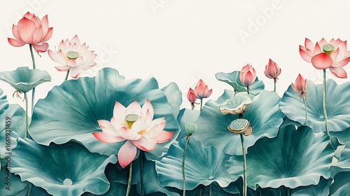 The title features a watercolor lotus and water lilies composition with copy space, soft pastel green and pink hues, delicate ink wash textures in minimalist Chinese painting style
