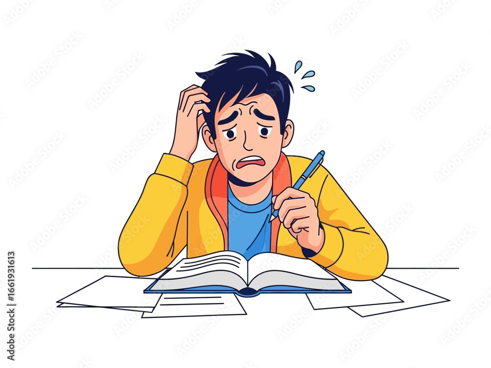 Αυτοκόλλητο Exam Stress: A student, consumed by anxiety, frantically grapples with a demanding exam, capturing the essence of academic pressure and mental strain